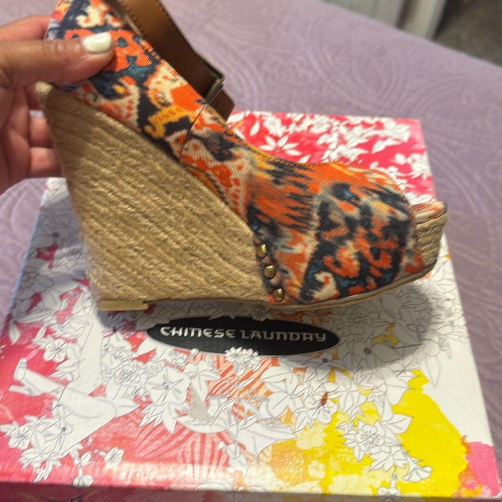 Chinese Laundry Orange and Tan Wedge Espadrilles